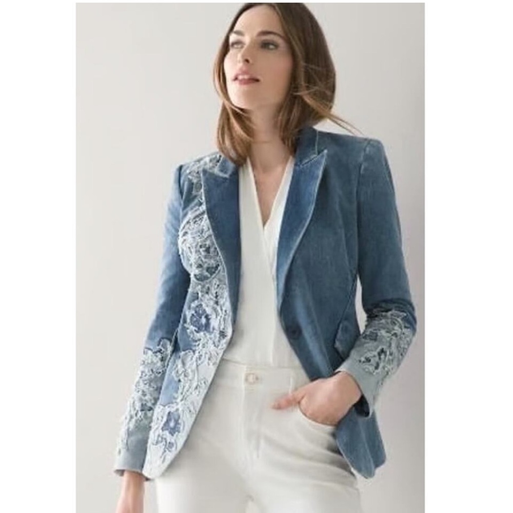 NWOT White House Black Market Editor Denim Blazer with Embroidery - Picture 2 of 7